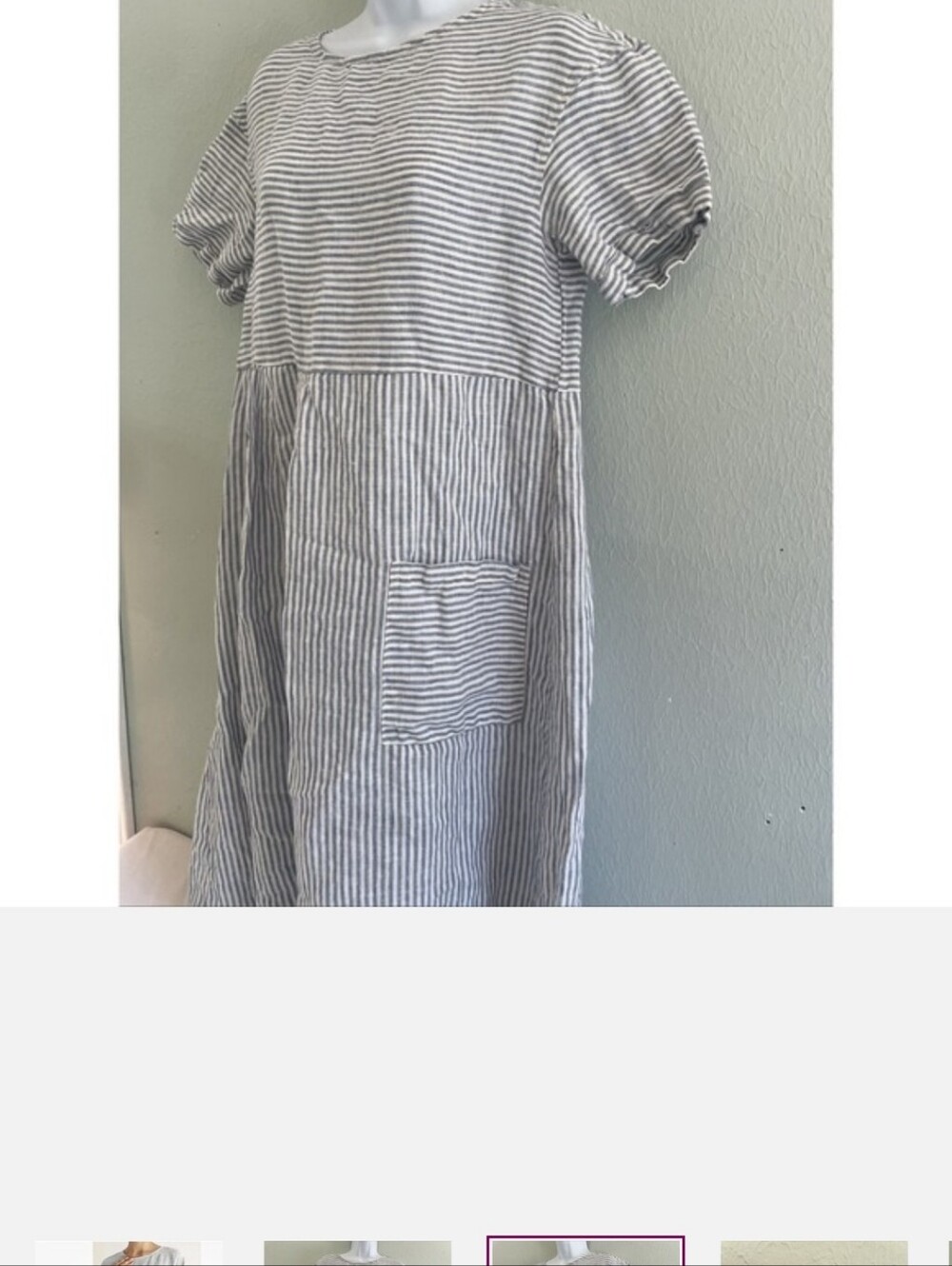 Lintico Linen Pinstripe Paneled Short Sleeved Dress Blue Lagenloook Morgan M - Picture 3 of 4